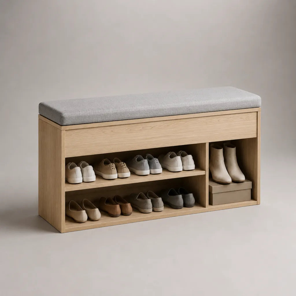 Schuhschrank mit Sitzbank und Sitzkissen, MDF mit Eichenfurnier, Natur und Hellgrau, 100 × 35 × 50 cm