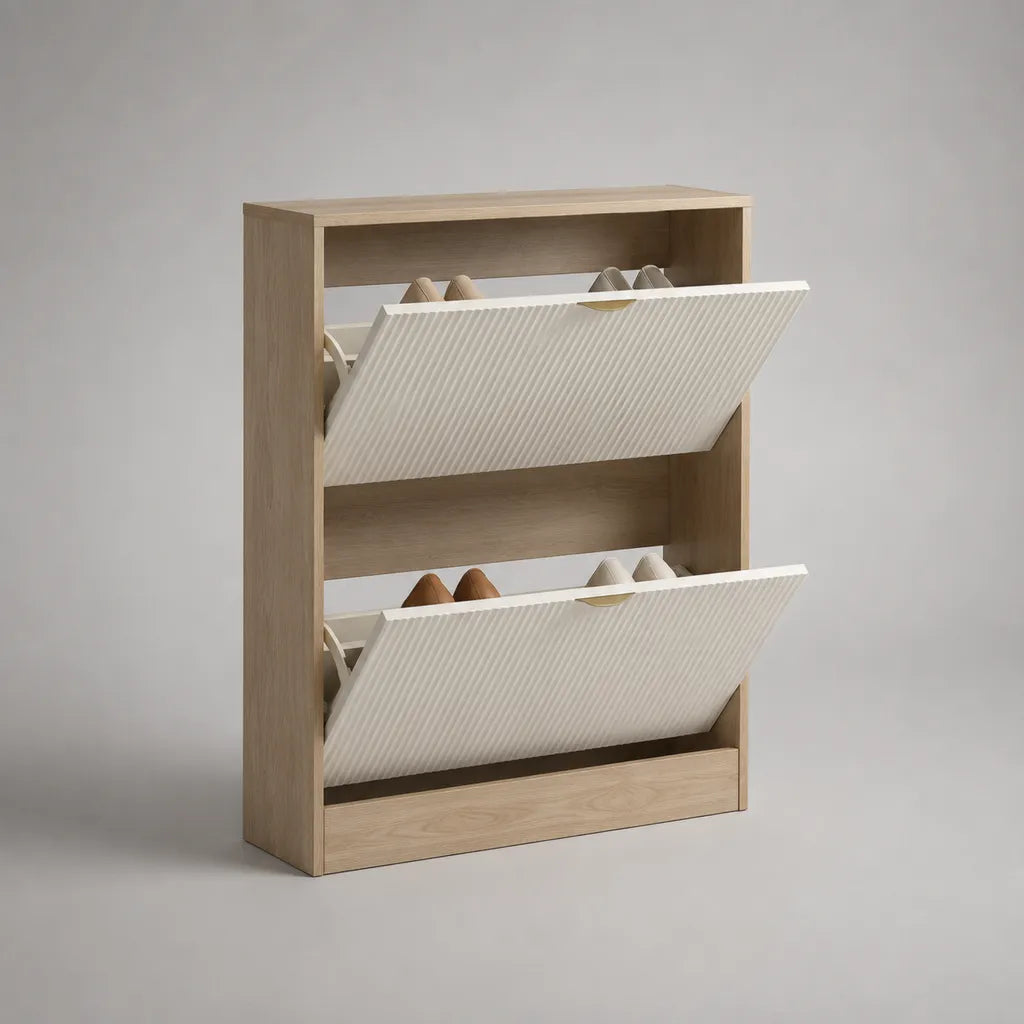 Schuhschrank aus Spanplatte und MDF mit 2 Kippfächern, Helle Eiche/Cremeweiß, 80 × 24 × 105 cm