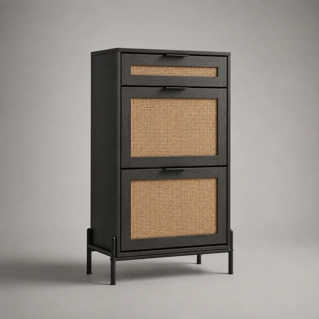 Schuhschrank aus MDF, Rattan und Stahl mit 2 Kippfächern und Schublade, Schwarz/Natur, 60 × 30 × 120 cm