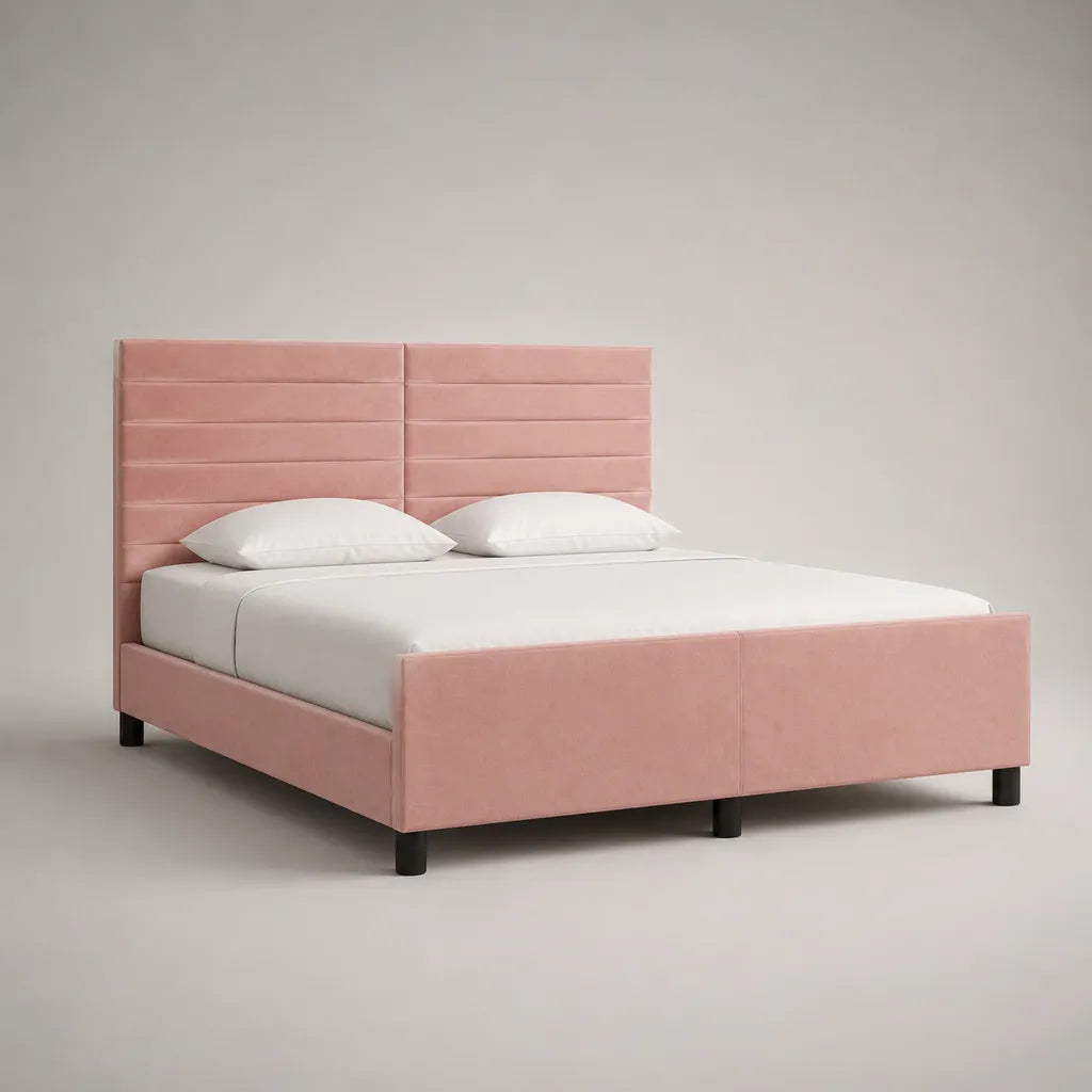 Polsterbett Doppelbett aus Polyester-Samt, Rosa und Schwarz, 170 x 215 x 120 cm, Liegefläche 160 x 200 cm