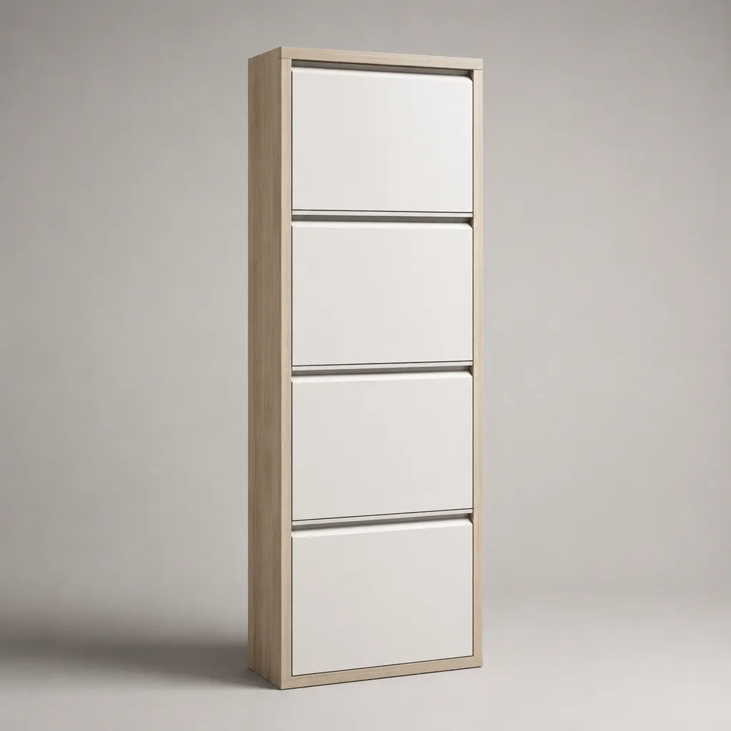 Schuhschrank mit 4 Klappen aus beschichteter Spanplatte, Weiß und Eiche hell, 50 × 20 × 160 cm