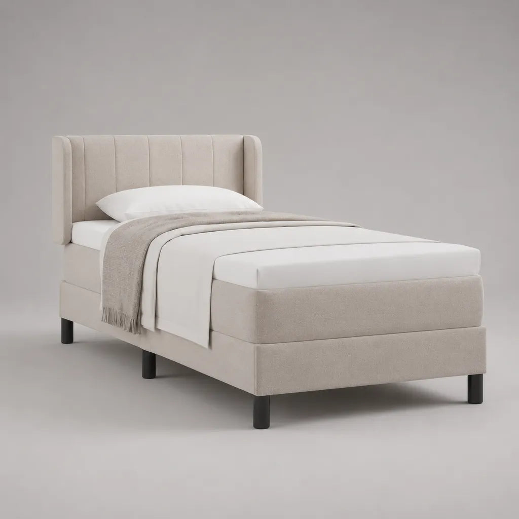 Polsterbett Einzelbett 90 x 200 cm mit Matratze, gepolstertem Kopfteil und Stoffbezug, Beige