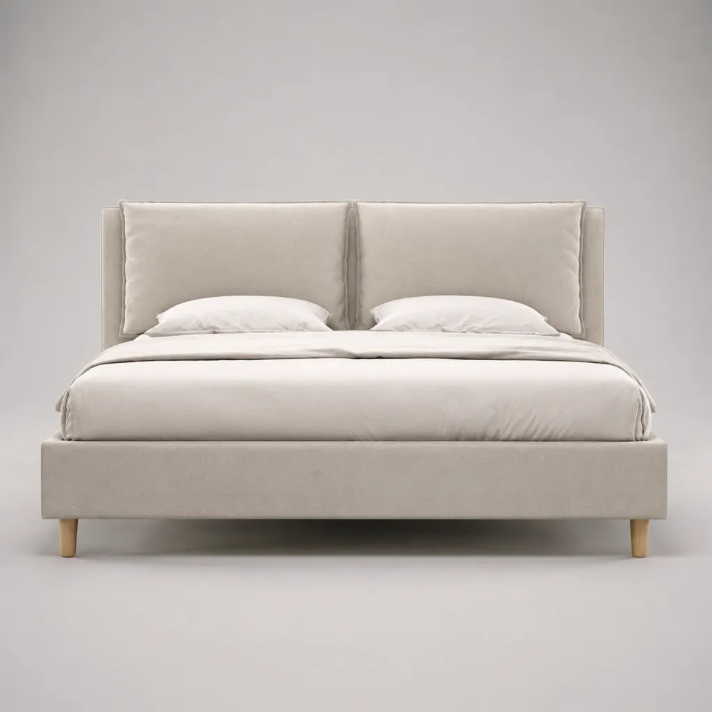 Polsterbett Doppelbett 180 × 200 cm mit gepolstertem Kopfteil aus Polyestergewebe, Beige, 218 × 196 × 105 cm