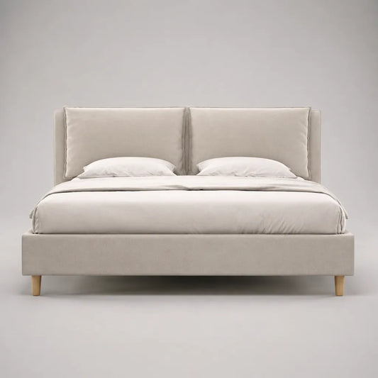 Polsterbett Doppelbett 180 × 200 cm mit gepolstertem Kopfteil aus Polyestergewebe, Beige, 218 × 196 × 105 cm