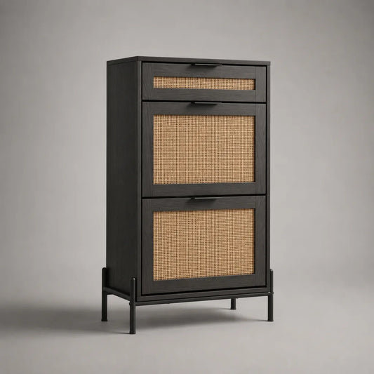 Schuhschrank aus MDF, Rattan und Stahl mit 2 Kippfächern und Schublade, Schwarz/Natur, 60 × 30 × 120 cm