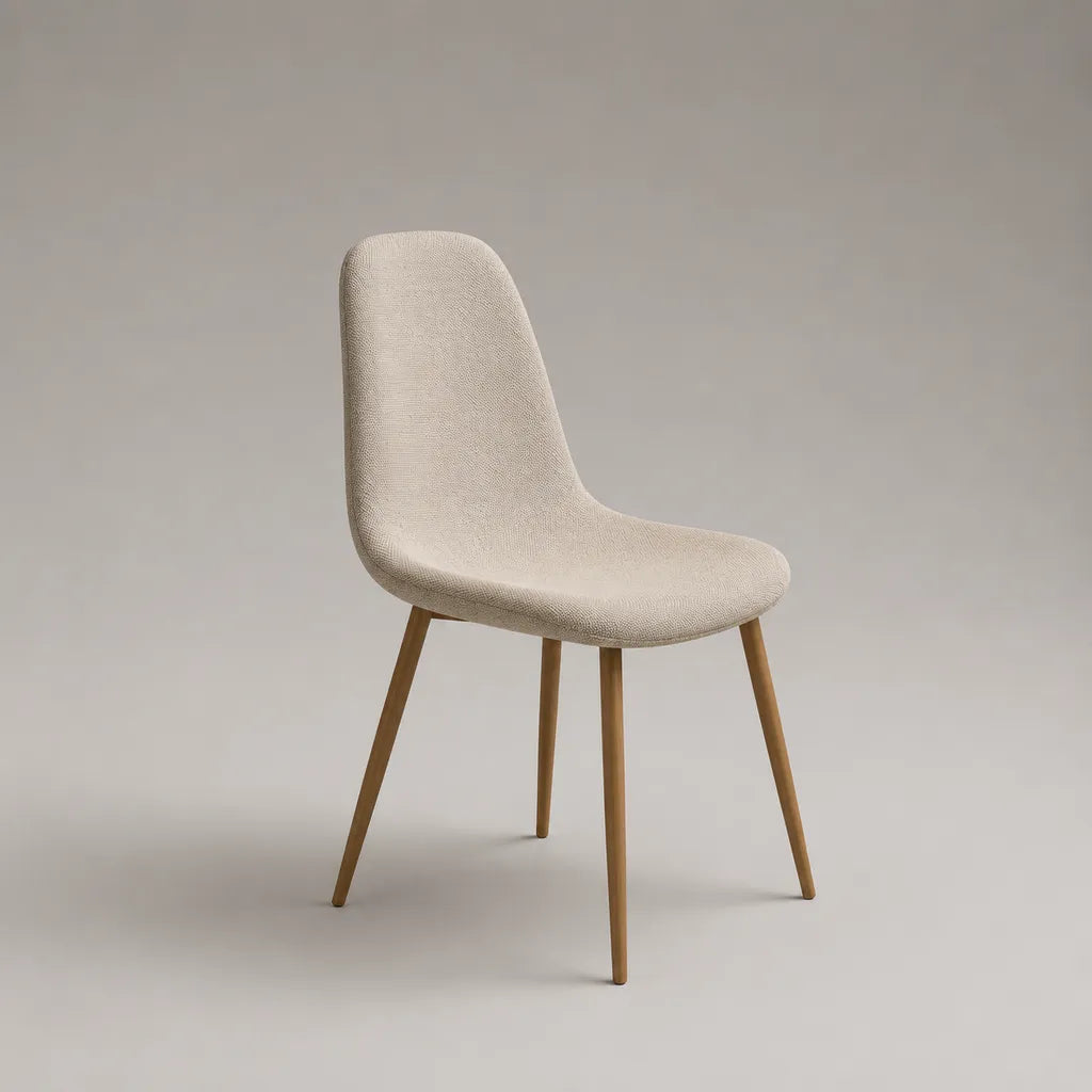 Gepolsterter Esszimmerstuhl mit abgerundeter Rückenlehne, Beige/Naturbraun, 48 × 56 × 84 cm, Polyester-Strukturstoff und Buchenholz