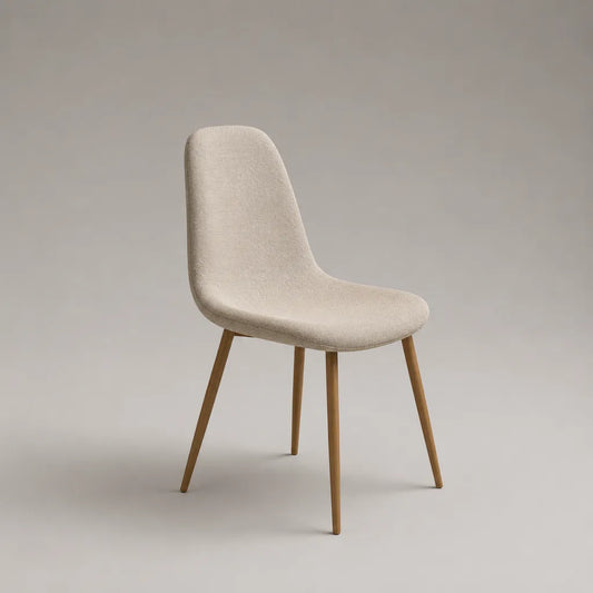 Gepolsterter Esszimmerstuhl mit abgerundeter Rückenlehne, Beige/Naturbraun, 48 × 56 × 84 cm, Polyester-Strukturstoff und Buchenholz