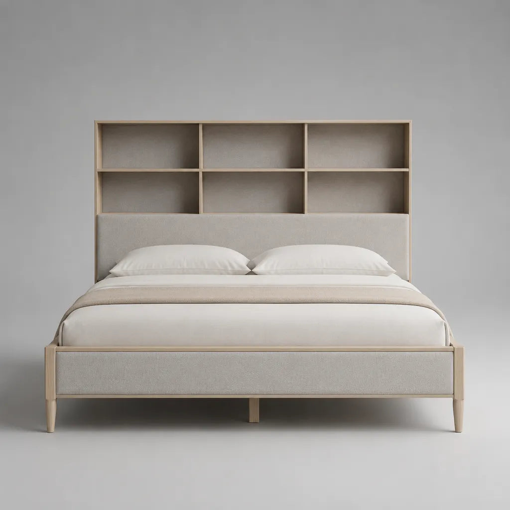 Doppelbettgestell 160 × 200 cm mit Regal-Kopfteil, MDF, Eichenfurnier und Polyesterbezug, Beige/Natur
