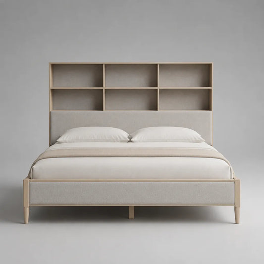 Doppelbettgestell 160 × 200 cm mit Regal-Kopfteil, MDF, Eichenfurnier und Polyesterbezug, Beige/Natur