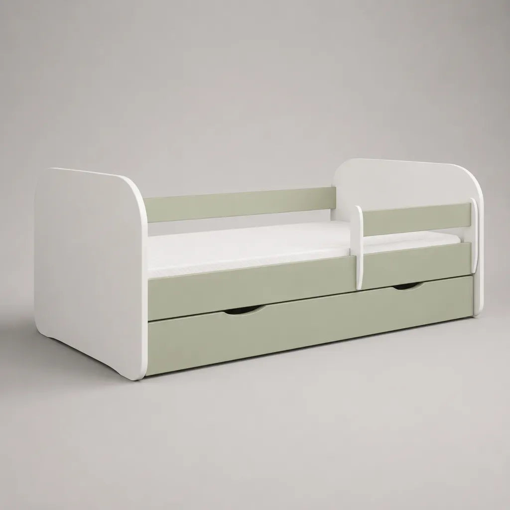 Kinderbett aus MDF mit Rausfallschutz und Schublade, Weiß und Salbeigrün, Liegefläche 80 × 160 cm, Gesamtmaß 164 × 84 × 70 cm