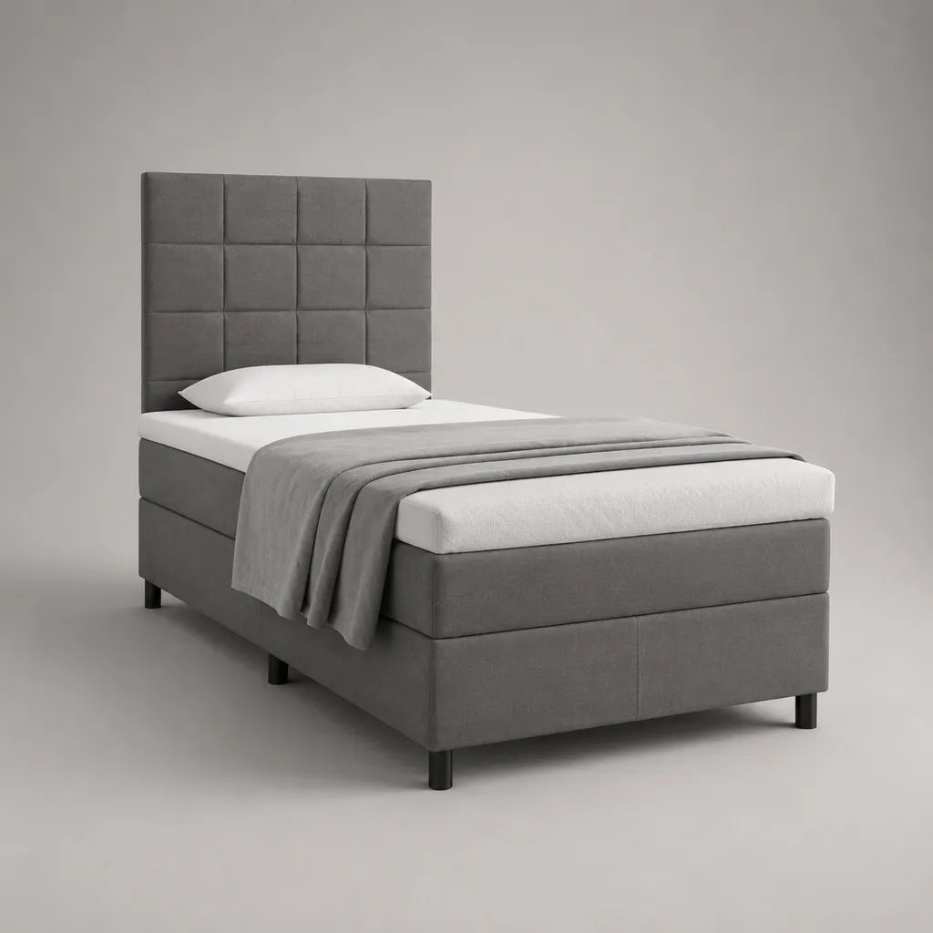 Graues Boxspringbett 90 × 200 cm mit Bonellfederkernmatratze, Topper und Polyesterbezug