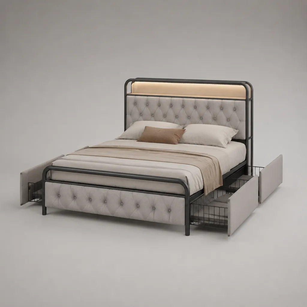 Polsterbett mit 4 Schubladen und LED-Beleuchtung, Stahl und Polyester, Hellgrau/Schwarz, 168 × 214 × 130 cm, Liegefläche 160 × 200 cm