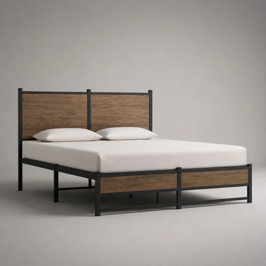Doppelbettgestell aus pulverbeschichtetem Stahl und MDF, 160 × 200 cm, Schwarz/Braun
