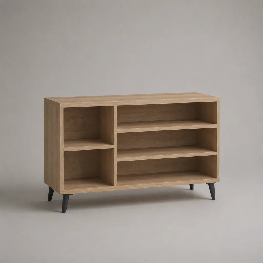 Offener Schuhschrank aus Spanplatte mit 5 Fächern, Eiche Natur und Schwarz, 100 × 35 × 70 cm