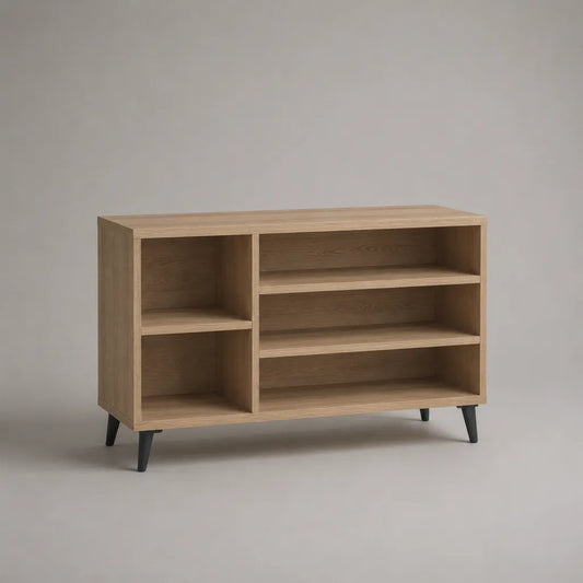 Offener Schuhschrank aus Spanplatte mit 5 Fächern, Eiche Natur und Schwarz, 100 × 35 × 70 cm