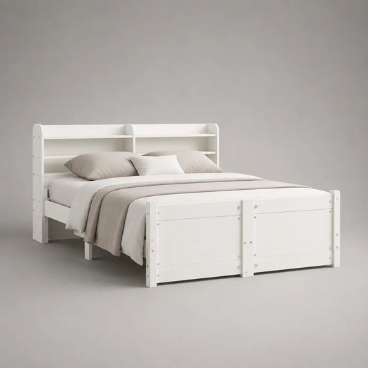 Doppelbett mit Stauraum, Regal-Kopfteil und 2 Schubladen aus Kiefer-Massivholz und MDF, Weiß, Liegefläche 160 × 200 cm, Gesamtmaß 218 × 168 × 112 cm